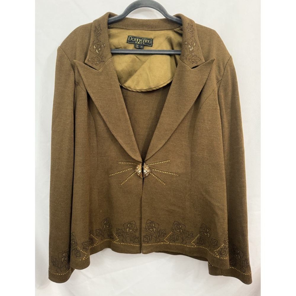 VTG Donna Vinci Knits Rhinestone Wool Blend Brown Cardigan Jacket Womens Size 24